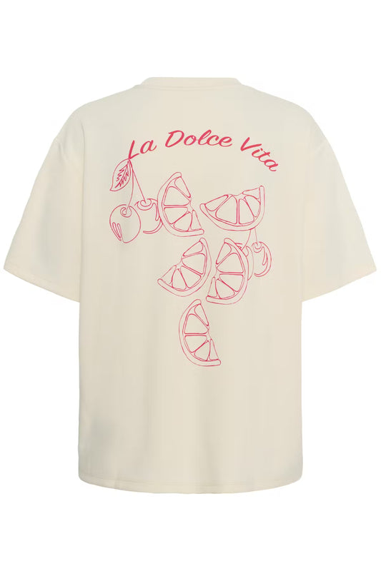White t-shirt with red fruit illustrations and 'La Dolce Vita' text on a white background
