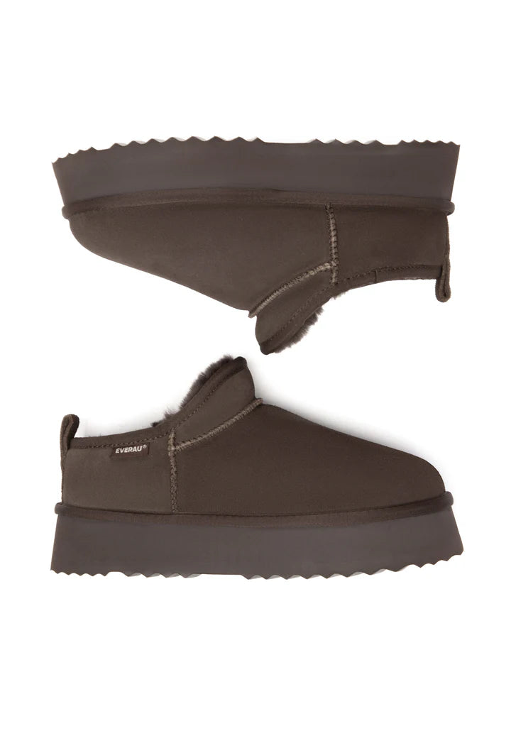 Brown slip-on shoes with platform sole on a white background