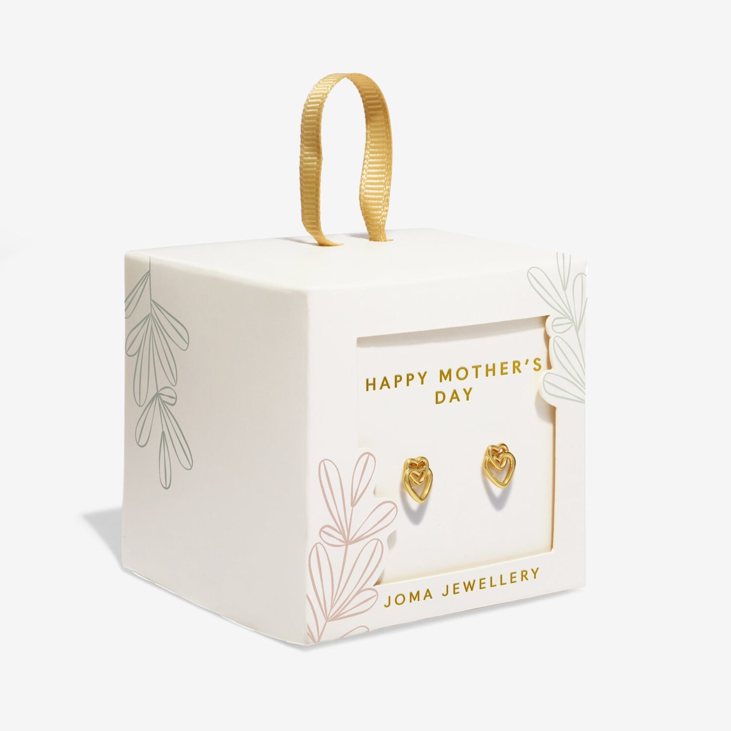 Joma Jewellery Mother's Day gift box with gold heart-shaped earrings on a white background