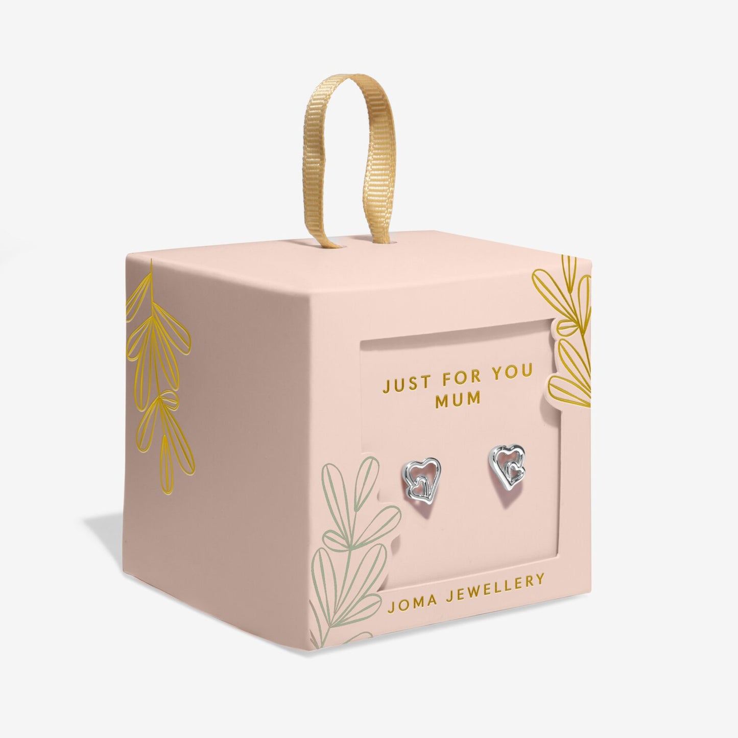 Joma Jewellery heart-shaped earrings in a decorative box with 'Just for You Mum' text.