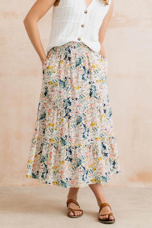 Lily & Me | Evie Organic Cotton Ditsy Printed Midi Skirt | Ecru
