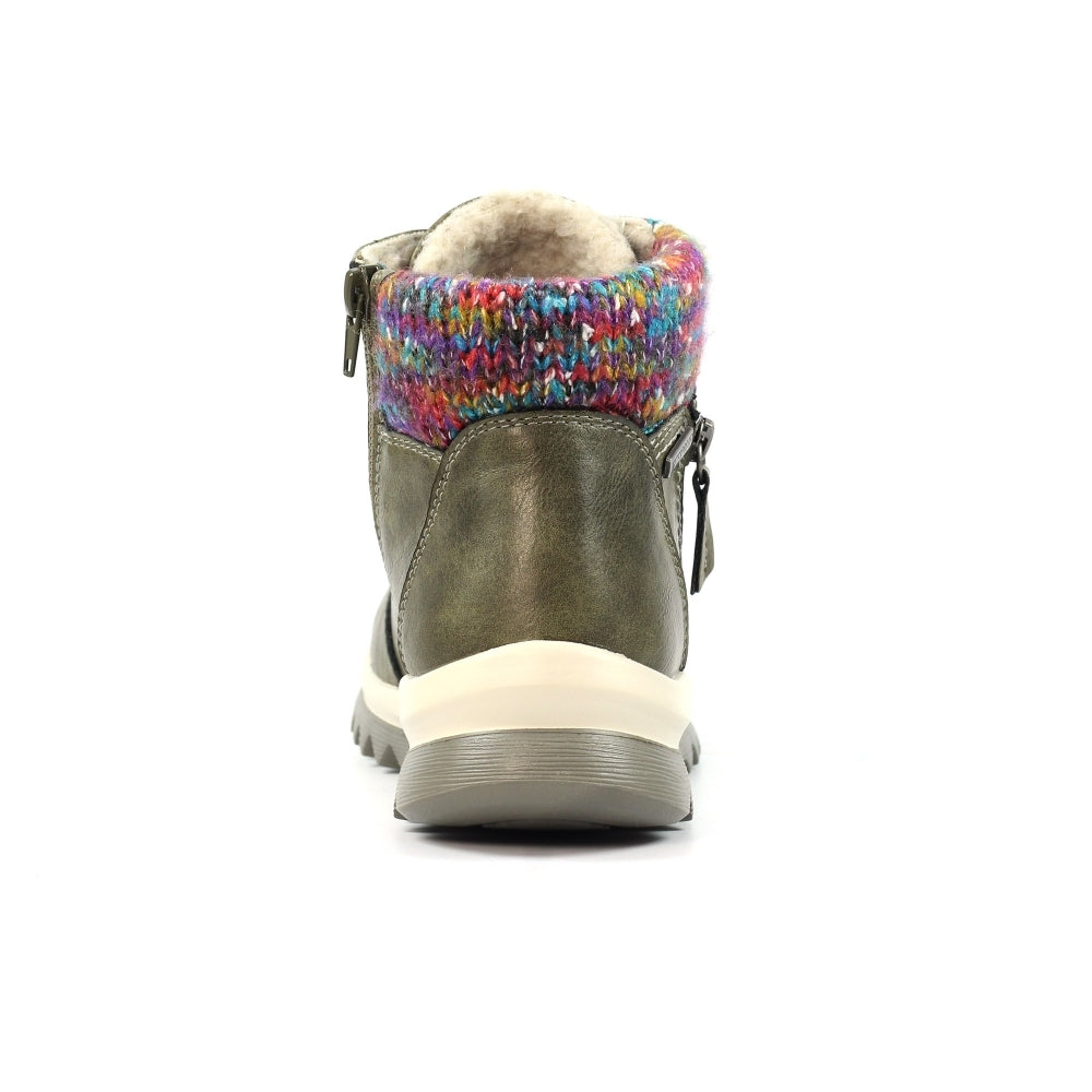 Green ankle boot with colorful knit cuff on a white background