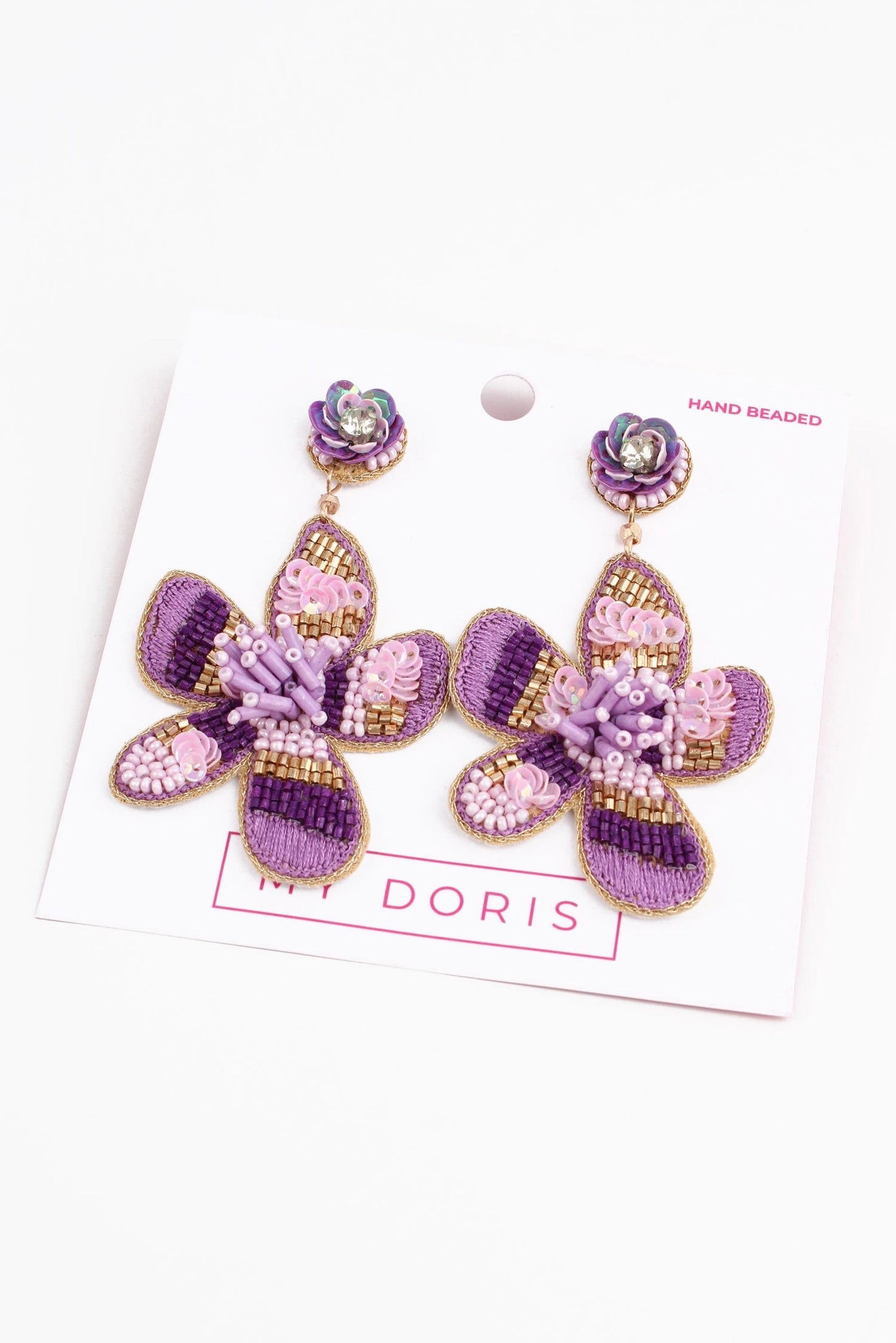 Purple Flower earrings on My Doris Card