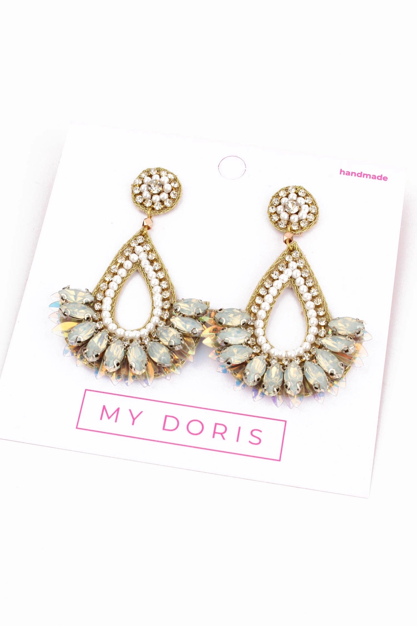 White beaded earrings on white My Doris Card