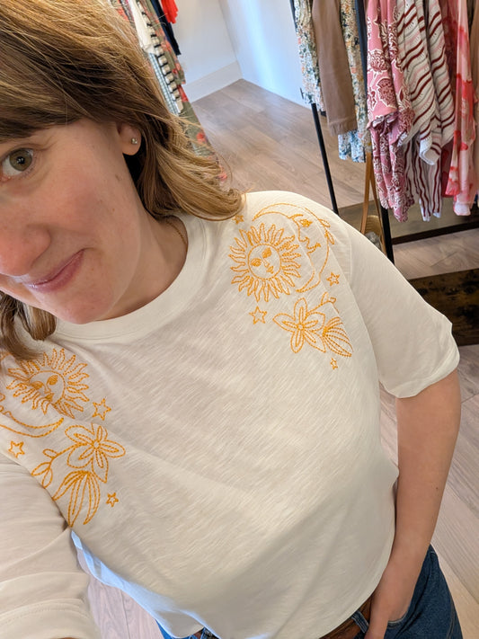 Sugarhill | Kinsley Relaxed T-Shirt | Off White, Solstice Embroidery