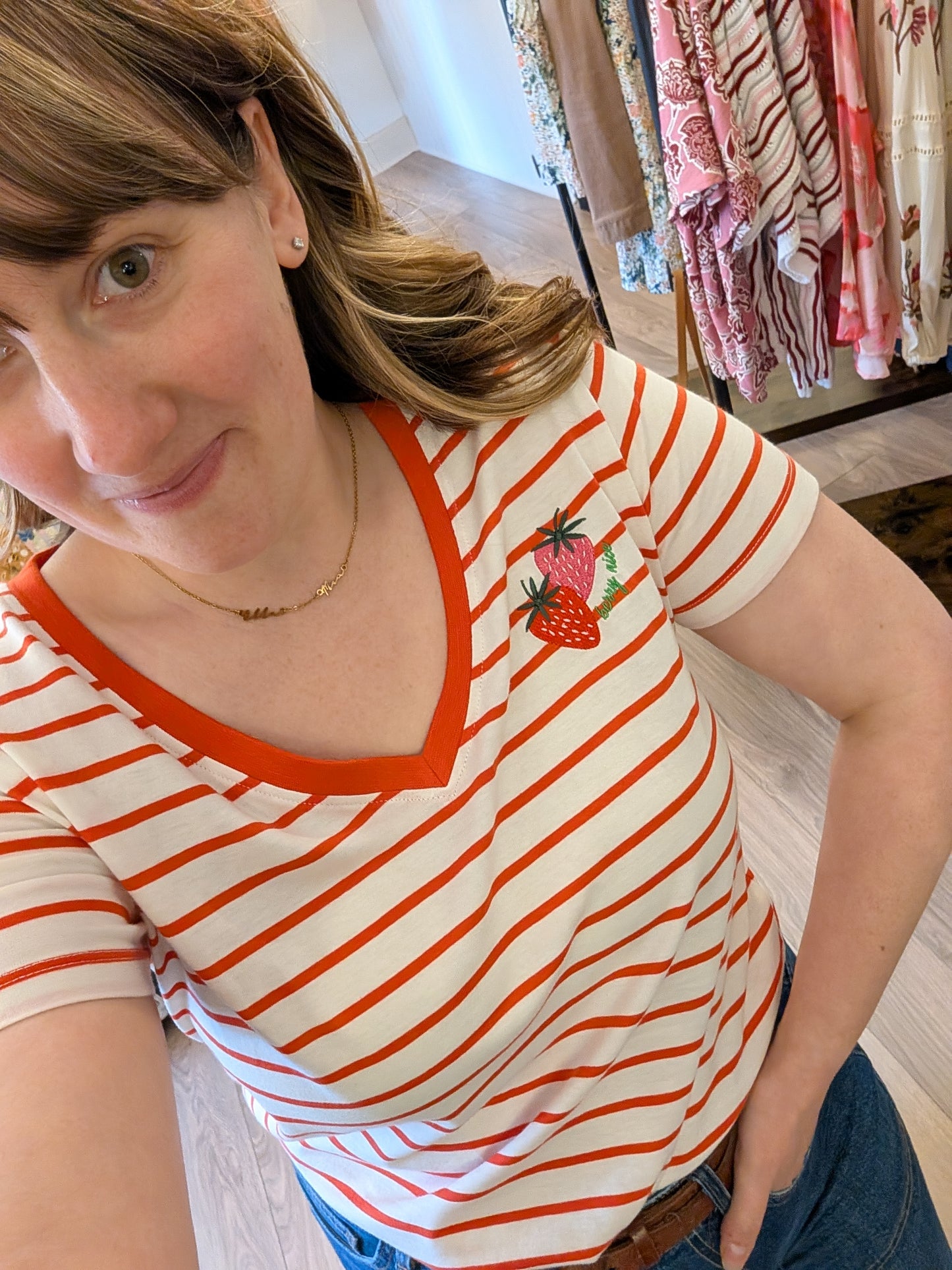Sugarhill | Khloe V-Neck Strawberry T-Shirt | Red/Off White Stripe