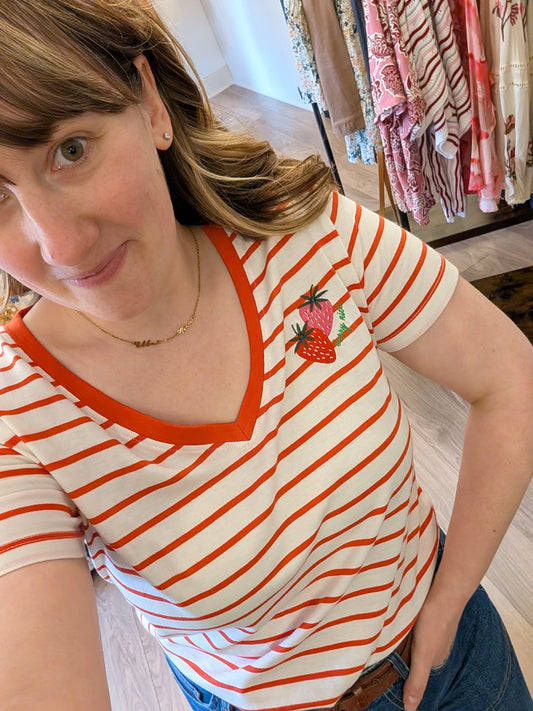 Sugarhill | Khloe V-Neck Strawberry T-Shirt | Red/Off White Stripe