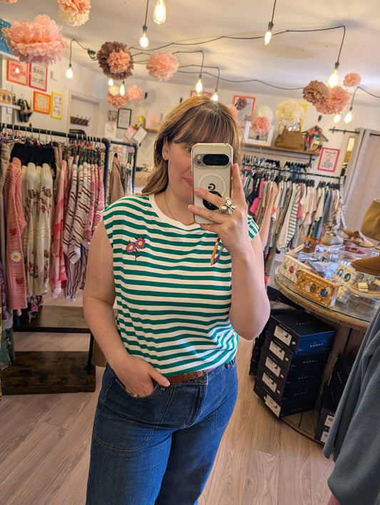 Sugarhill | Chrissy Relaxed Tank T-Shirt | White/Green Stripe