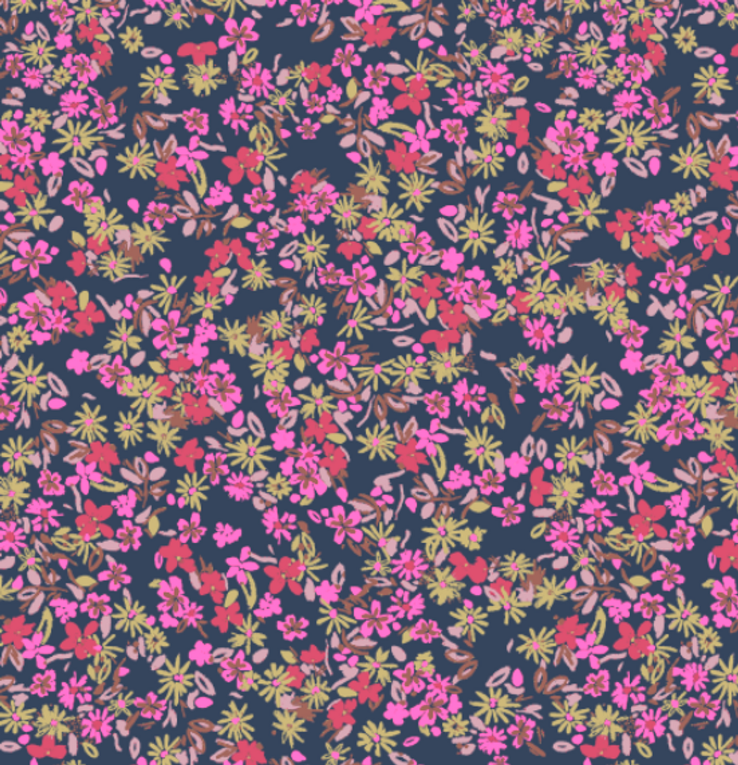 Floral pattern with pink and green flowers on a dark blue background