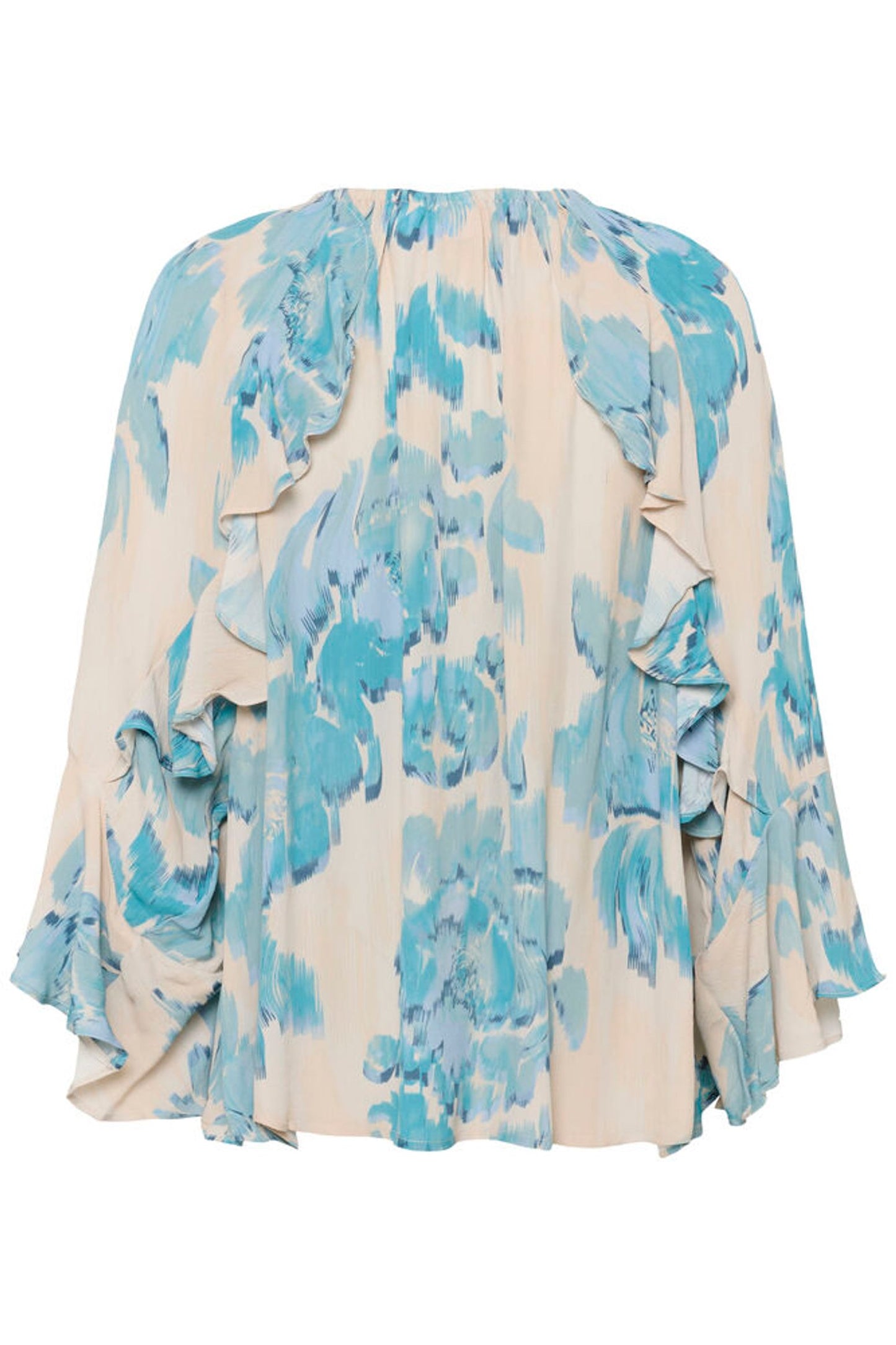 Blue and beige floral patterned dress on a white background
