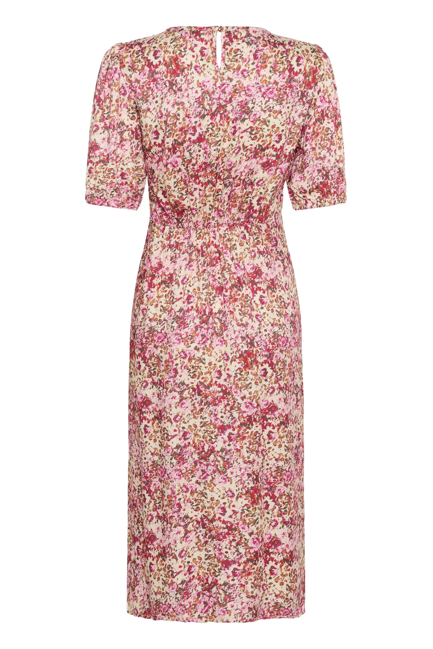 Floral dress with a pattern of pink, red, and beige flowers on a white background