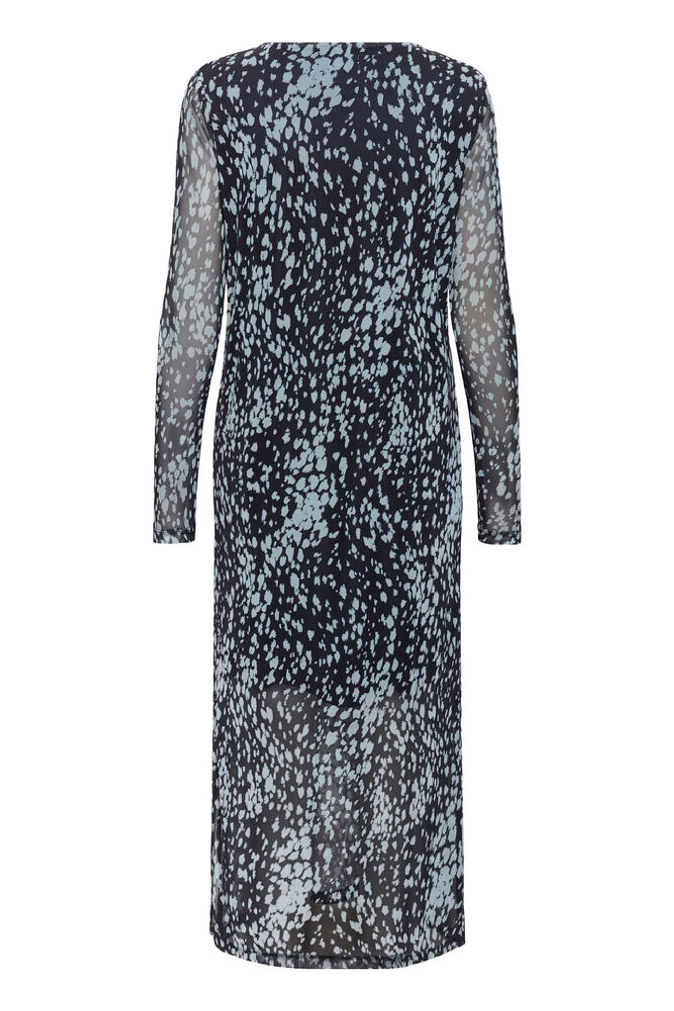 Long-sleeve dress with a pattern on a white background