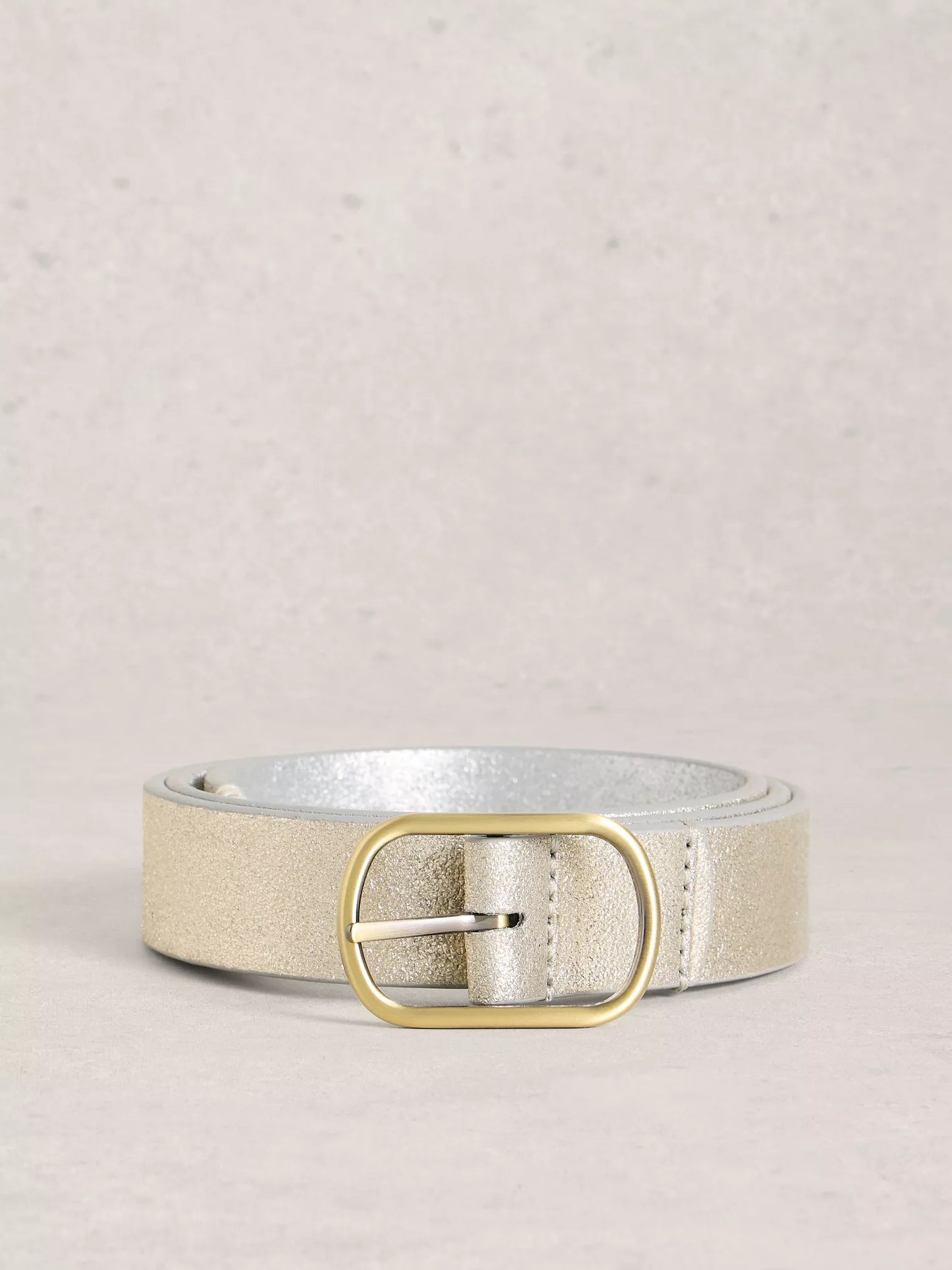 Silver belt with a gold buckle on a light gray background