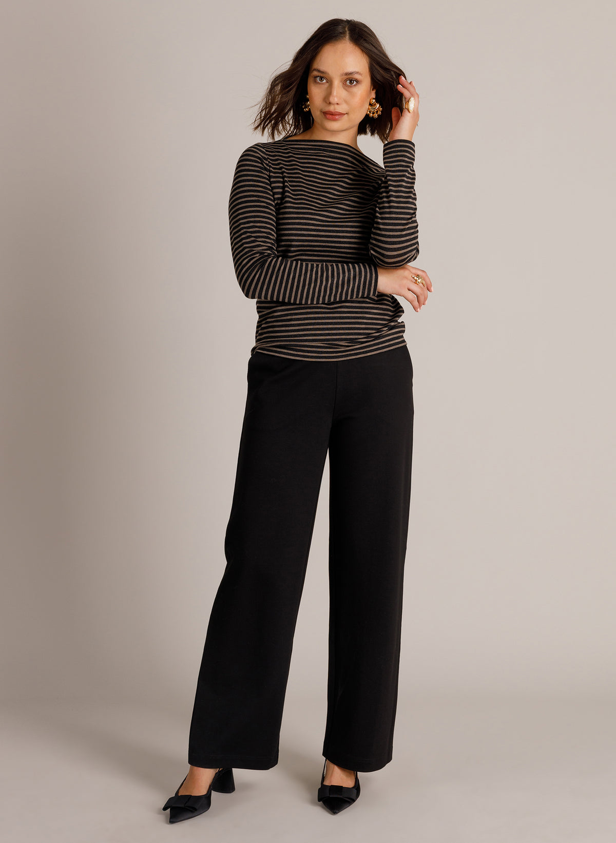 Yest | Wenke Striped Long Sleeve Top | Black & Taupe Stripe
