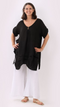 Front Pockets Linen Tunic Top - Black
