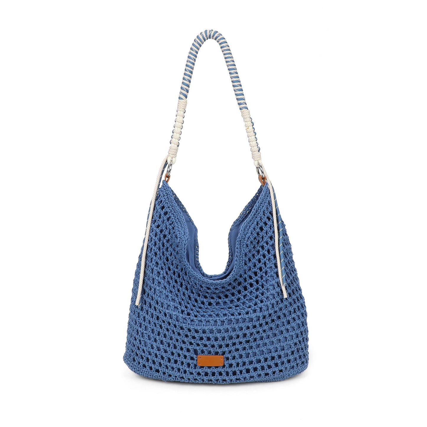 Blue woven handbag with a striped handle on a white background
