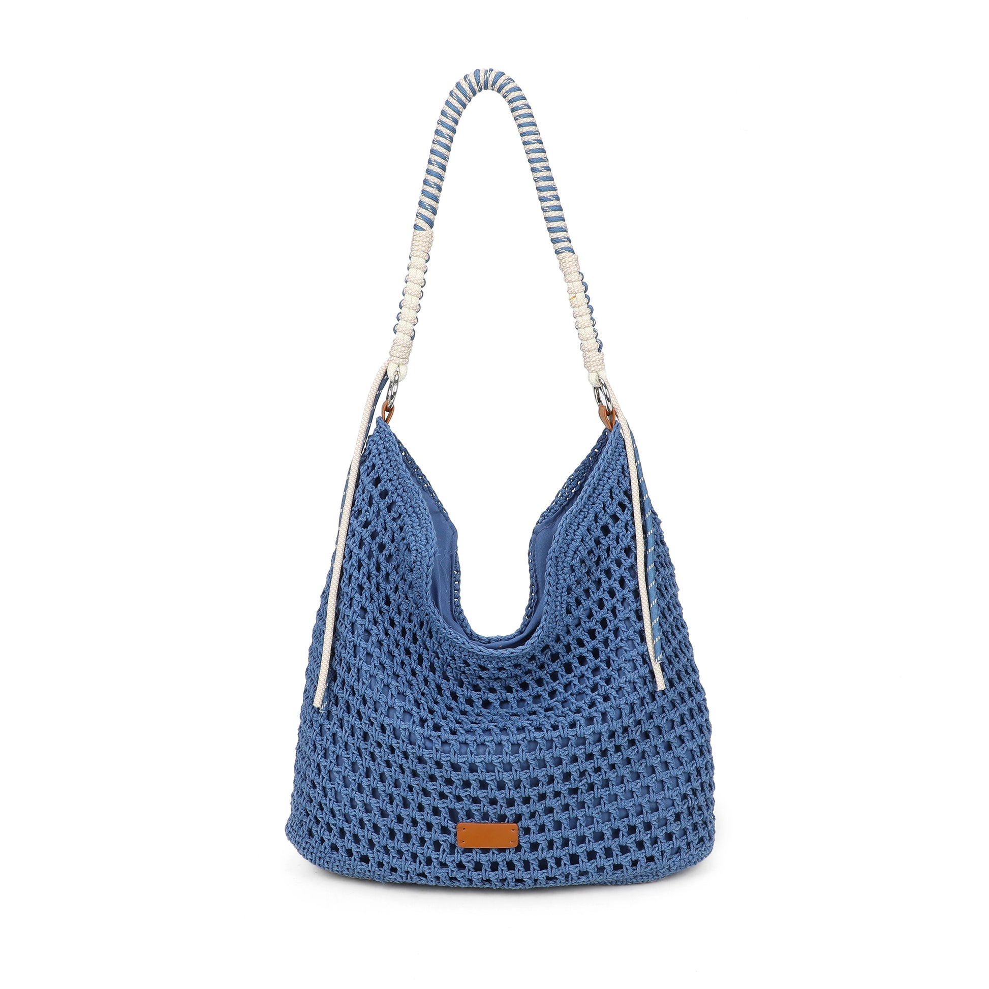 Blue woven handbag with a striped handle on a white background