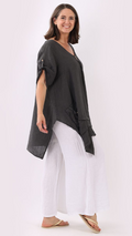 Front Pockets Linen Tunic Top - Charcoal