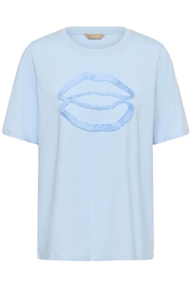Light blue t-shirt with a decorative lip design on a white background