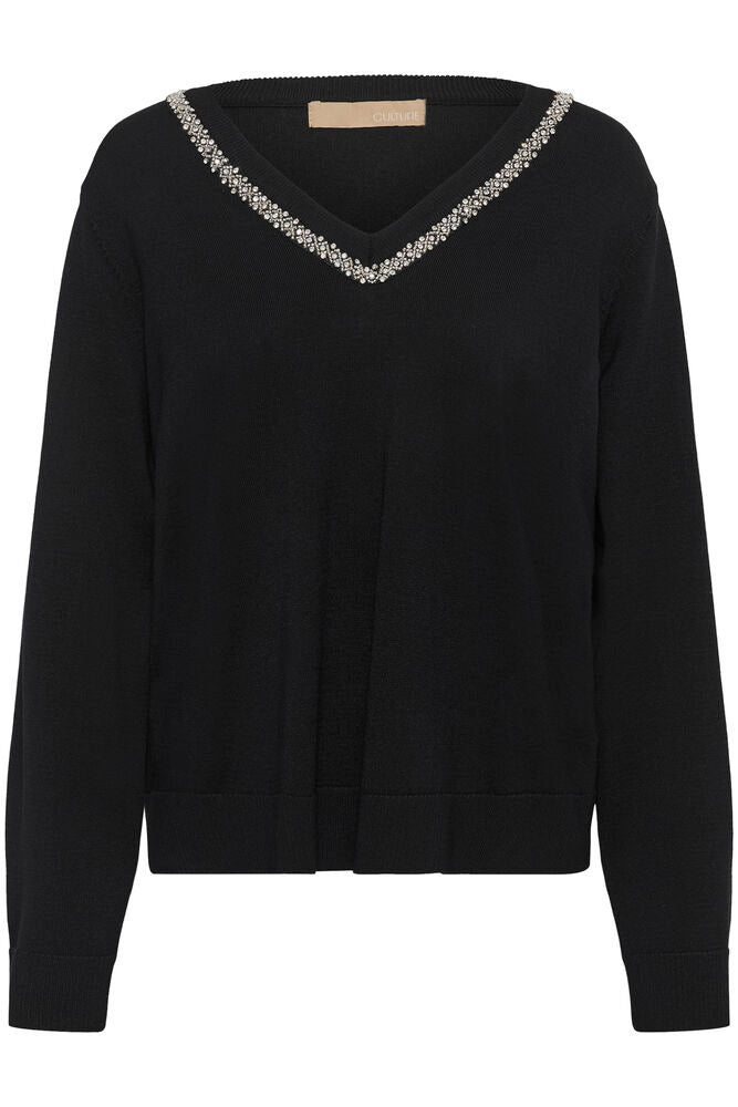 Culture | CUANIKI Embellished V-Neck Jumper | Black