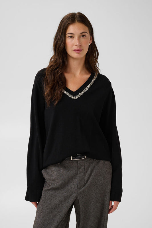 Culture | CUANIKI Embellished V-Neck Jumper | Black