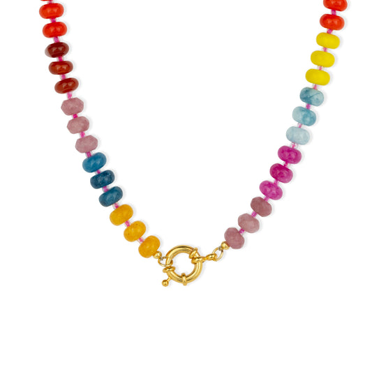 Colorful beaded necklace with a gold clasp on a white background
