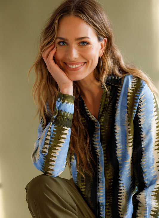 Ivy Beau | Huda Abstract Print Button-Through Blouse | Blue Multi