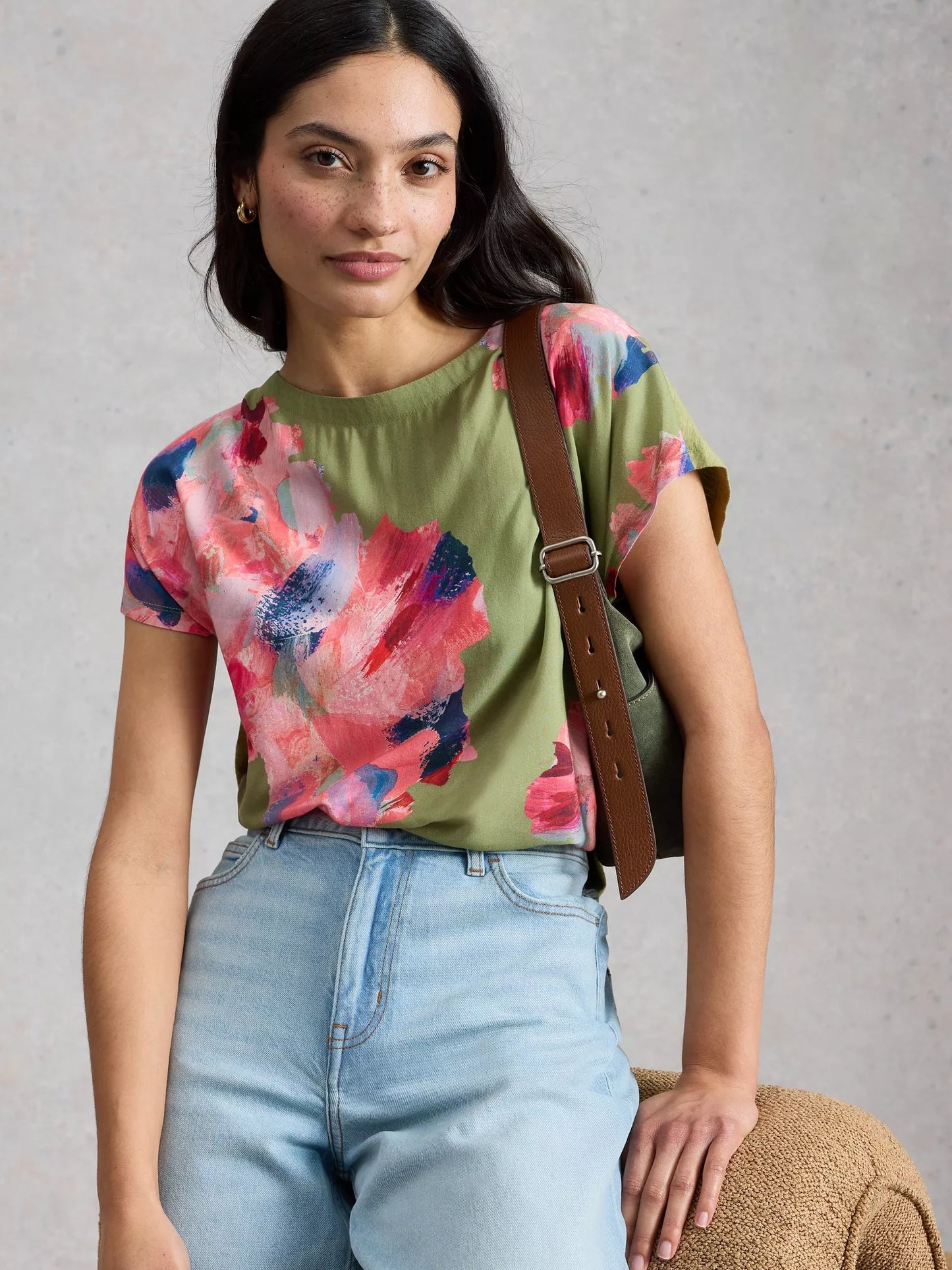 White Stuff | Woven Mixed Tee | Green Print