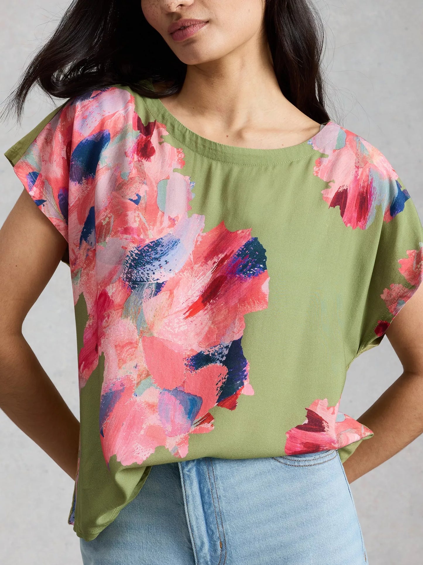 White Stuff | Woven Mixed Tee | Green Print