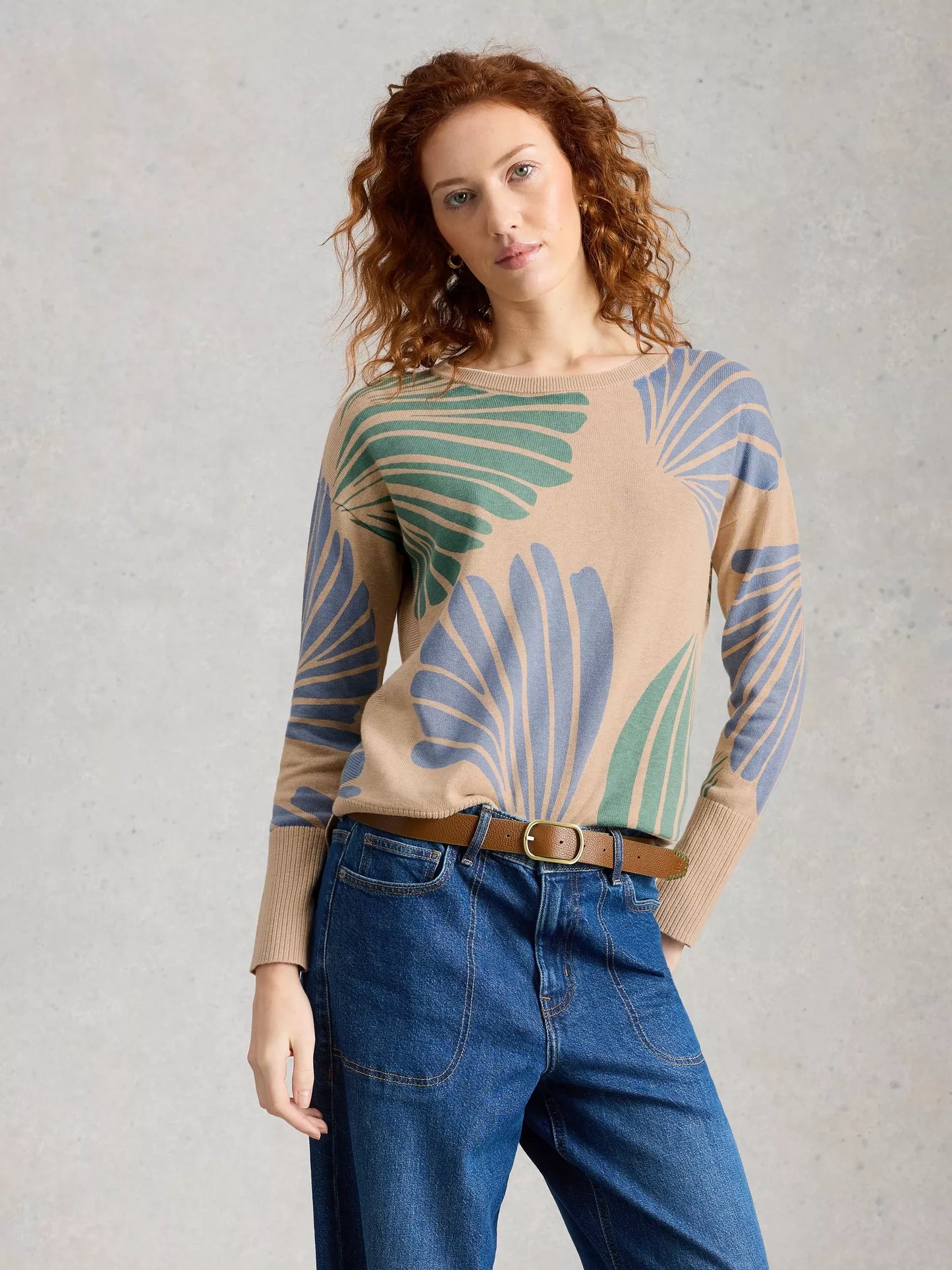 White Stuff | Olive Print Crew Neck Jumper | Natural