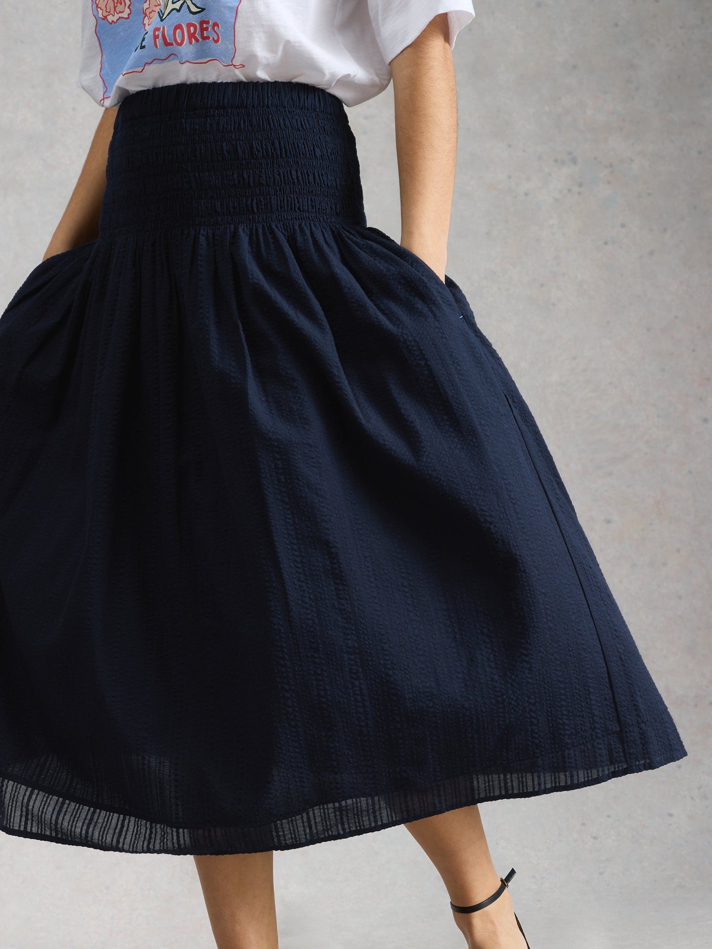 White Stuff | Suri Shirred Midi Skirt | Navy