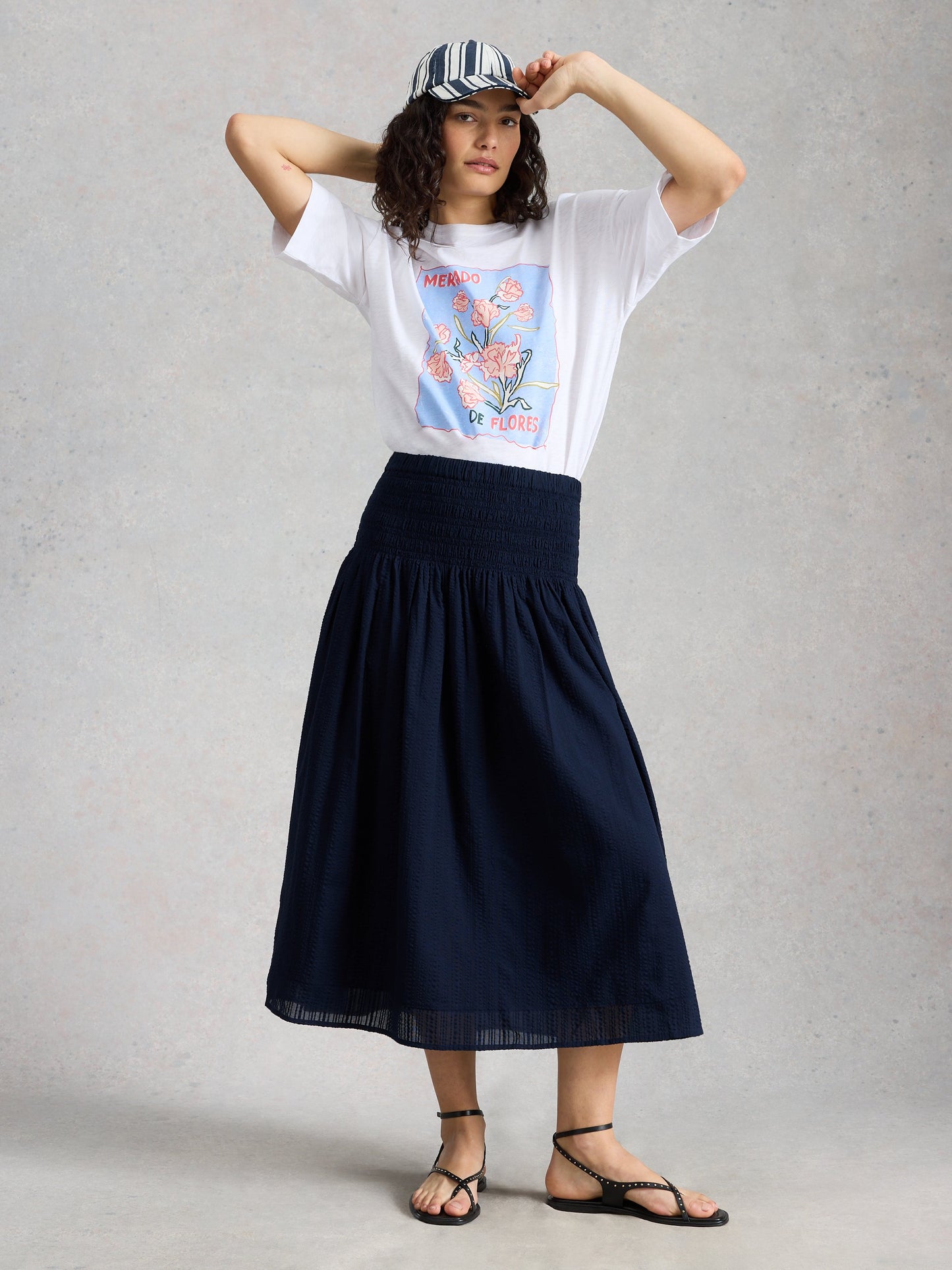 White Stuff | Suri Shirred Midi Skirt | Navy