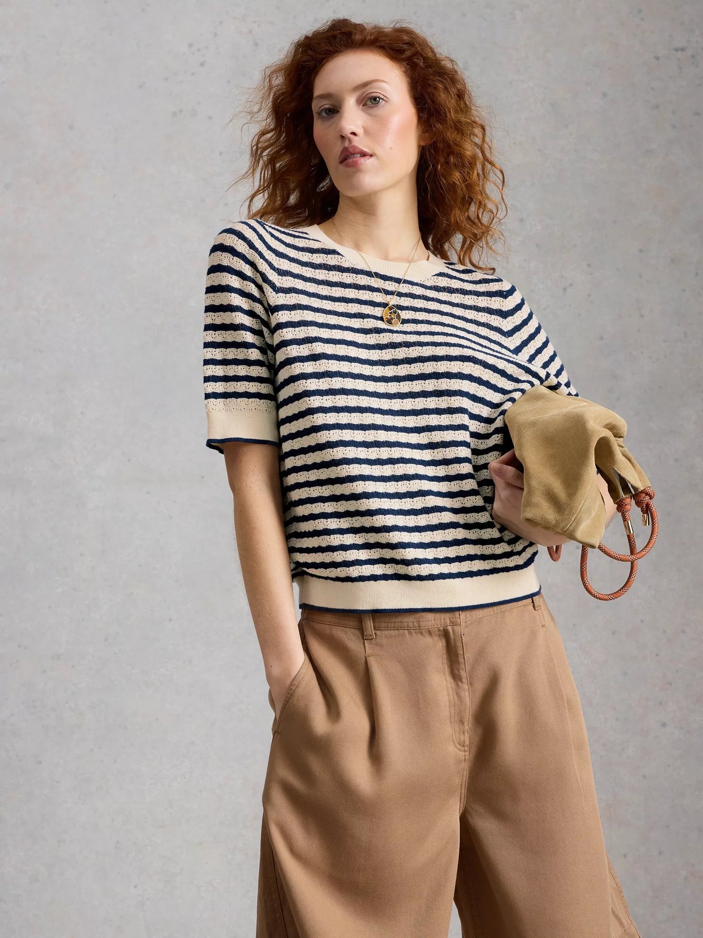 White Stuff | Holly Pointelle Tee | Navy/Ivory Stripe