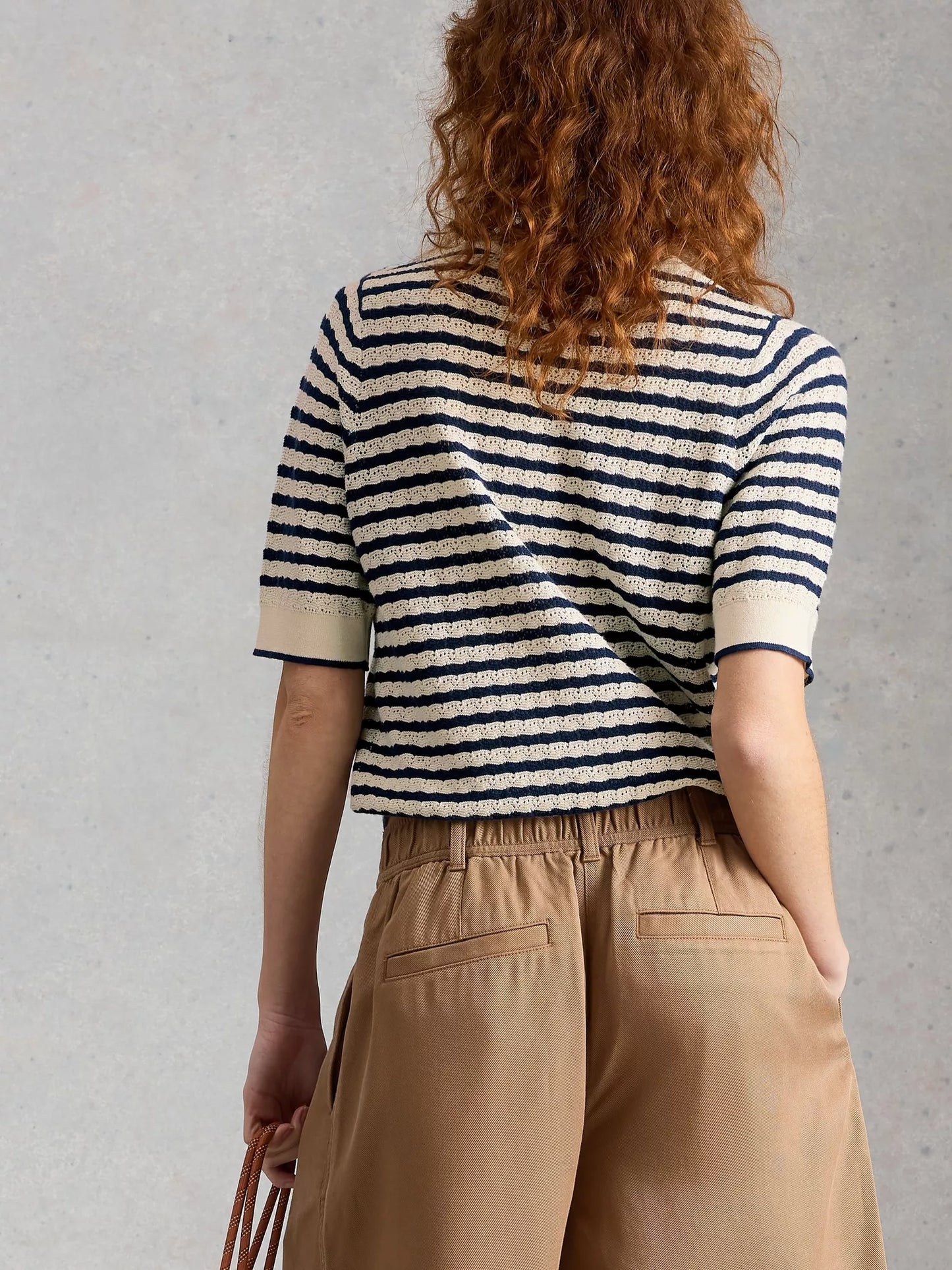White Stuff | Holly Pointelle Tee | Navy/Ivory Stripe