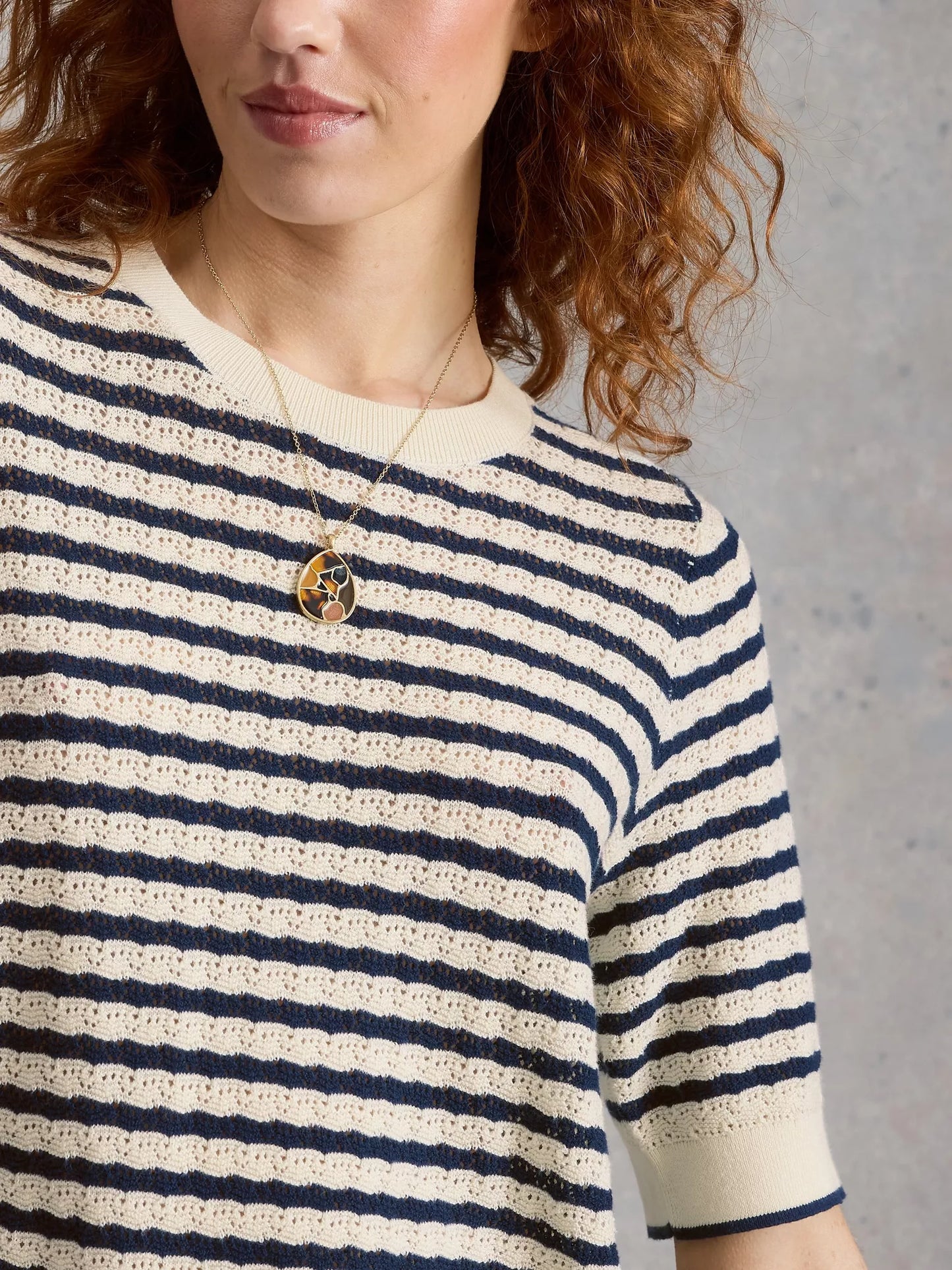 White Stuff | Holly Pointelle Tee | Navy/Ivory Stripe