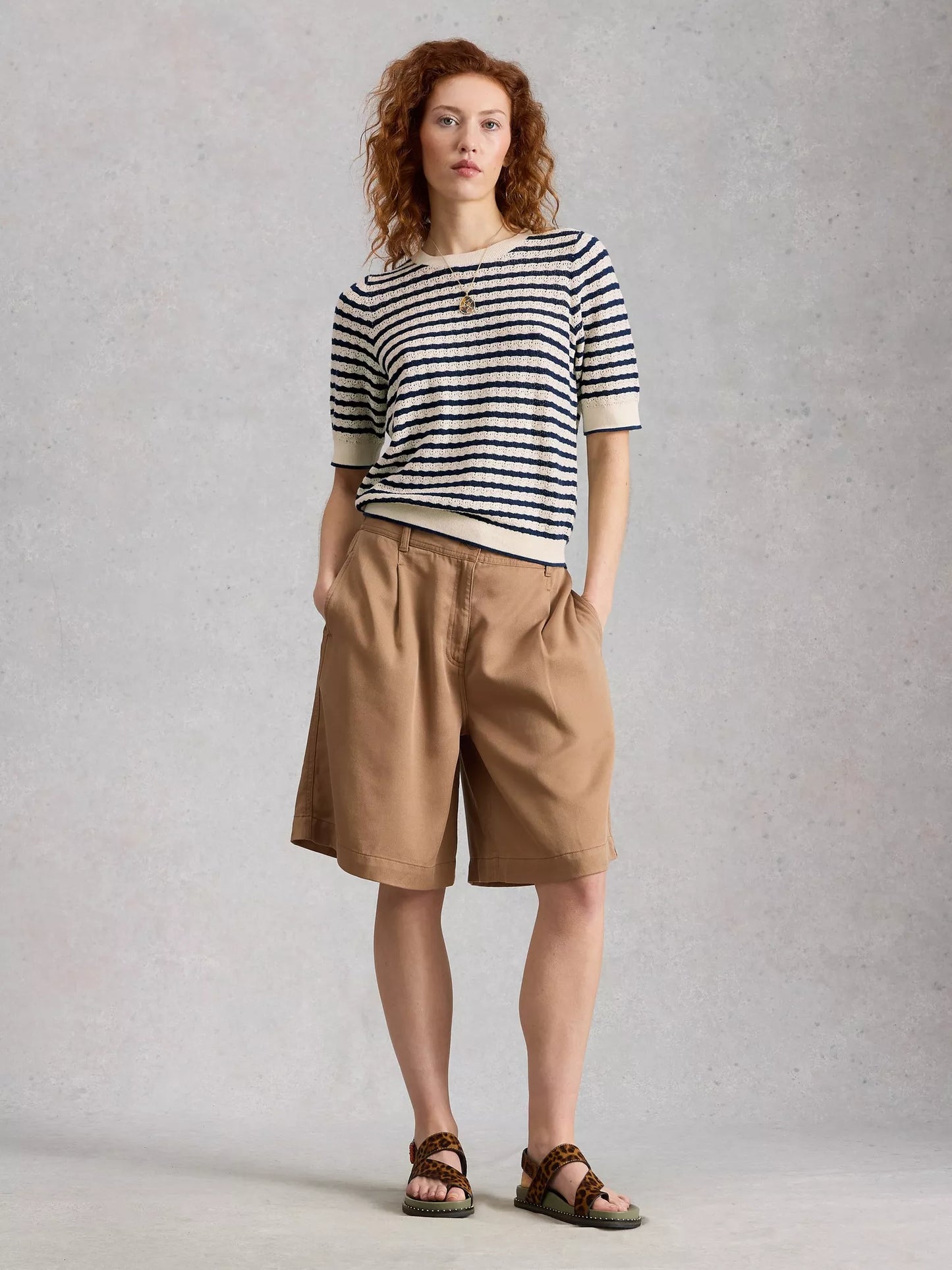 White Stuff | Holly Pointelle Tee | Navy/Ivory Stripe