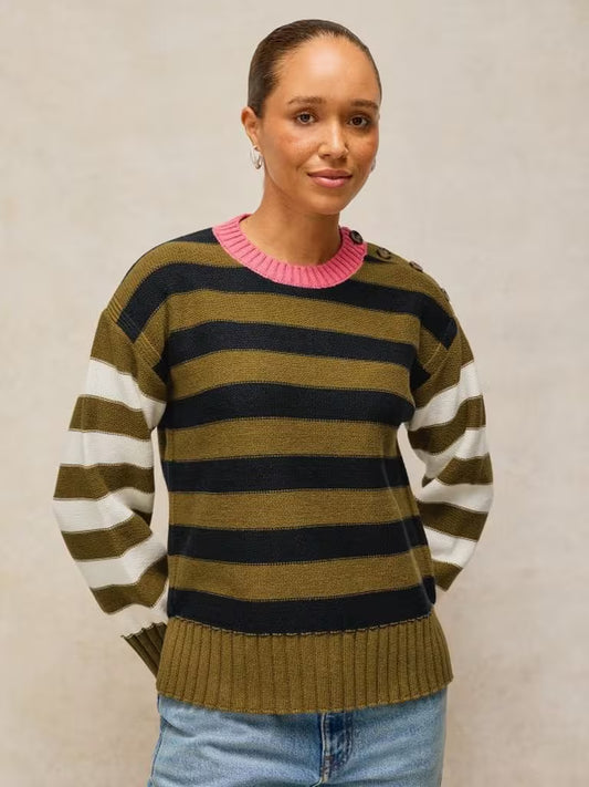 White Stuff | Bea Button Jumper | Green Multi