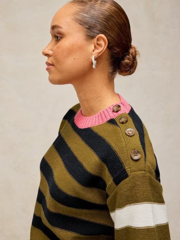 White Stuff | Bea Button Jumper | Green Multi