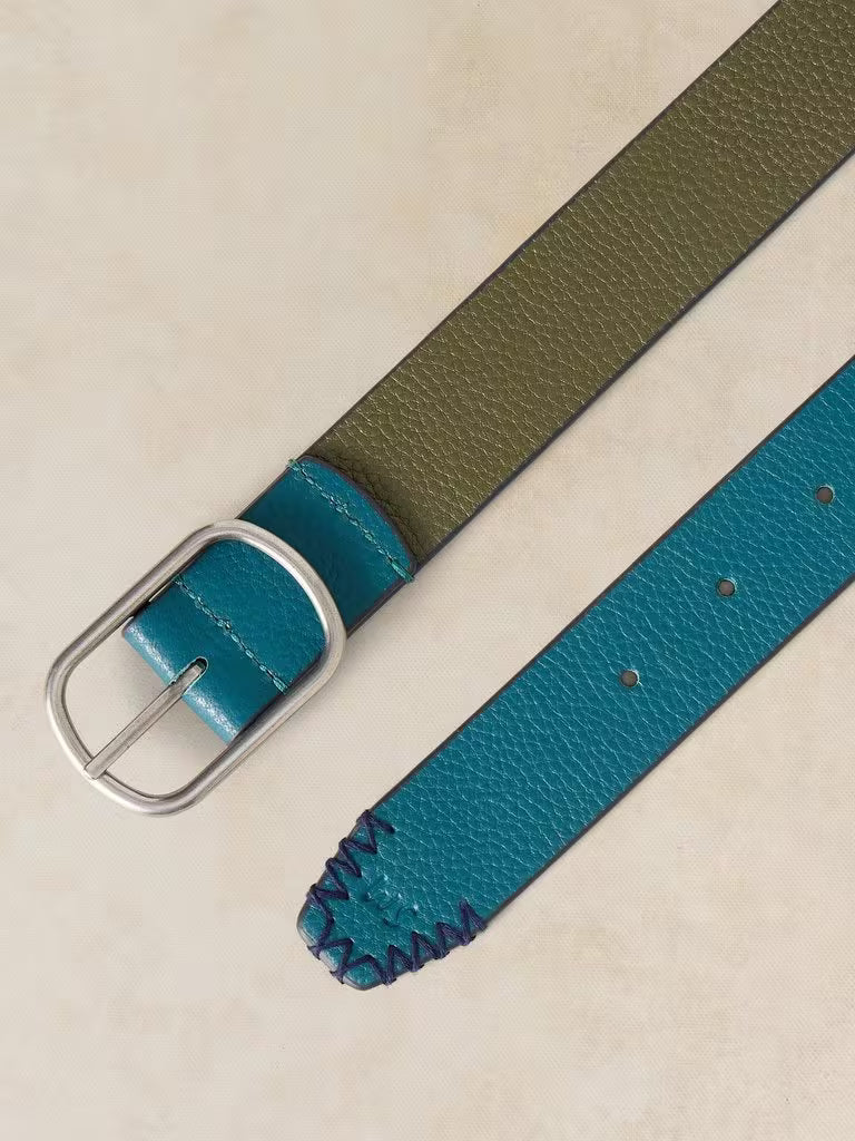 White Stuff | Leather Reversible Belt | Teal/Olive
