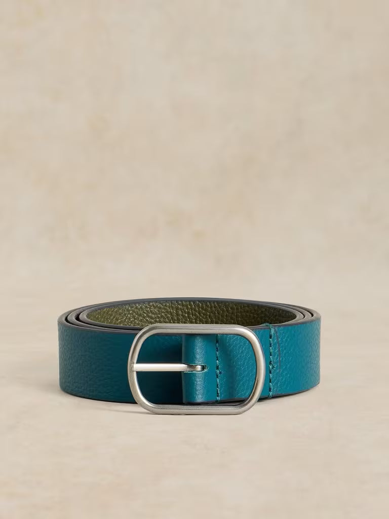 White Stuff | Leather Reversible Belt | Teal/Olive