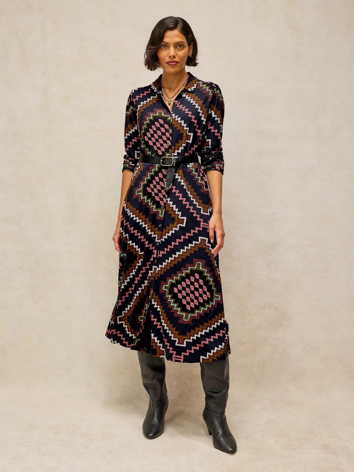 White Stuff | Rua Geometric Print Shirt Dress | Navy Multi