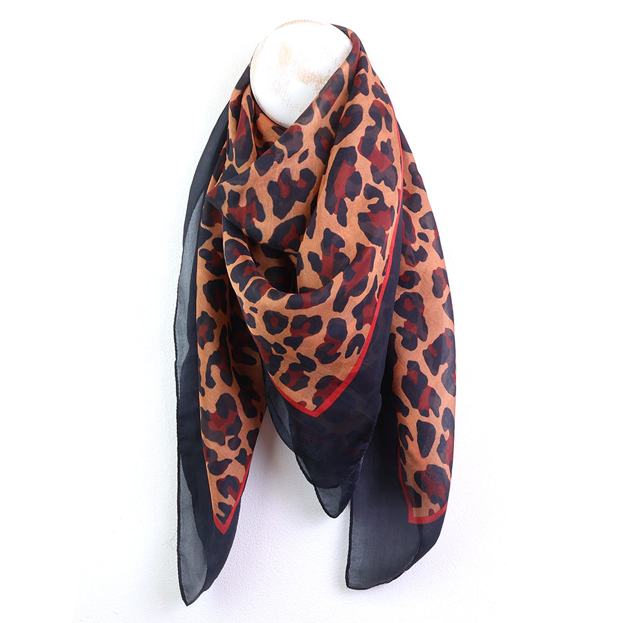 POM | Camel, red and navy mix 100% silk animal print square scarf
