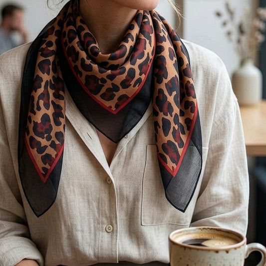 POM | Camel, red and navy mix 100% silk animal print square scarf