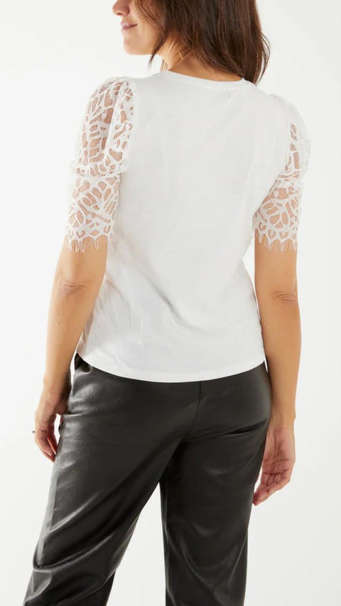 Lace Sleeve T-Shirt - White