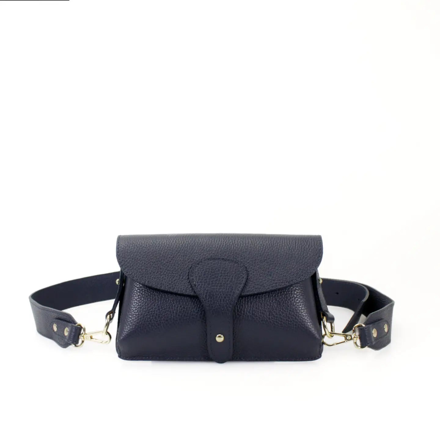 Navy blue leather bag with gold accents on a white background