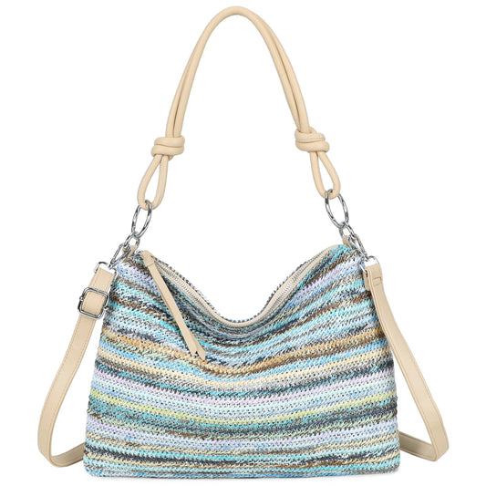 Natural Straw Stripe Shoulder Bag | Blue Stripe