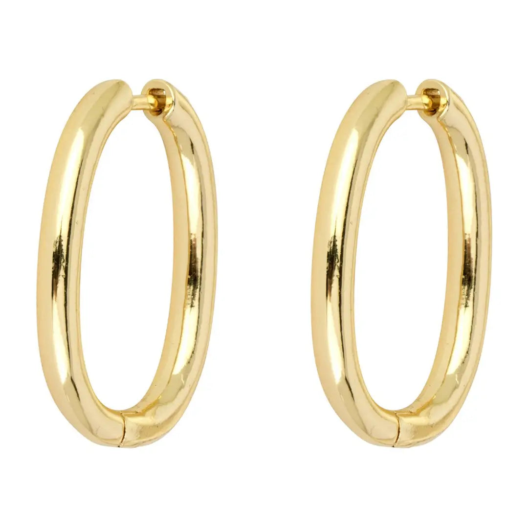 A pair of polished gold hoop earrings shown on a plain white background.