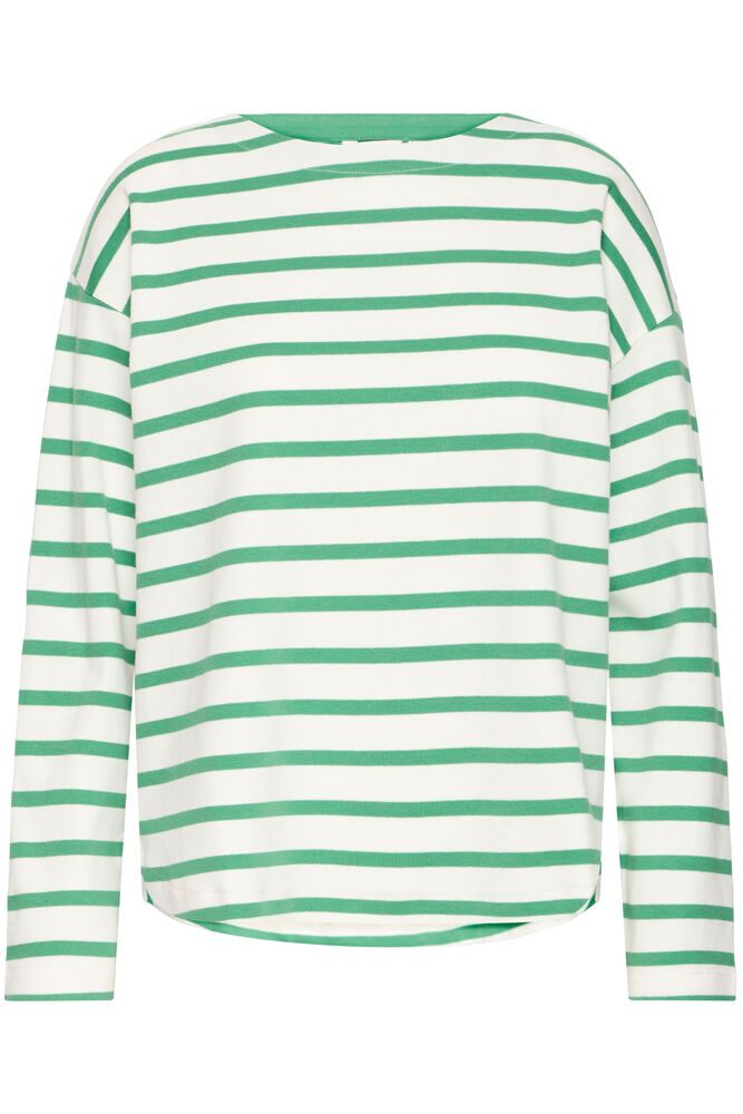 Green and white striped long-sleeve shirt on a white background