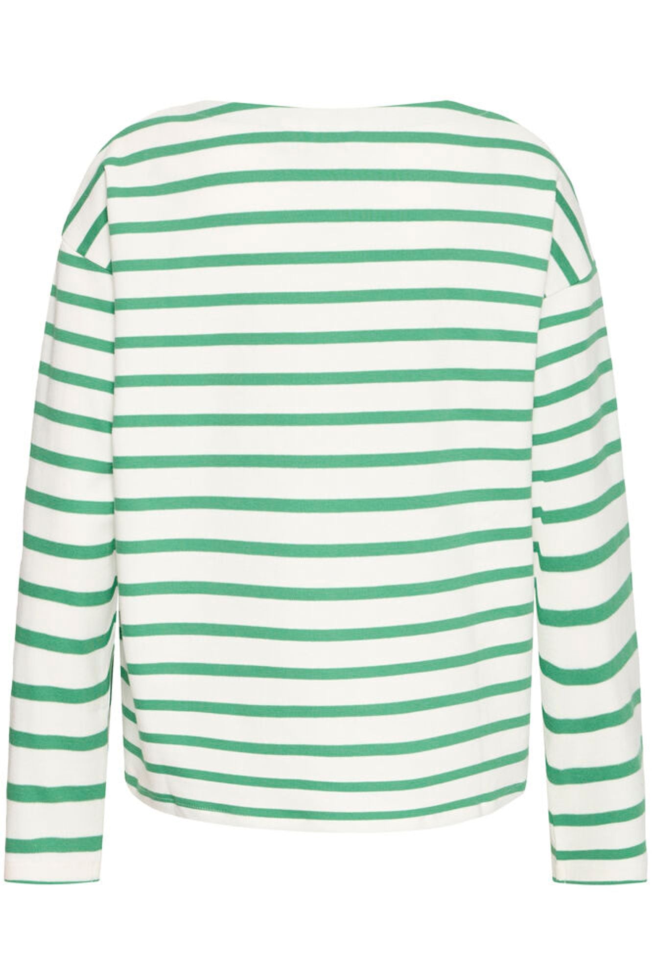 Green and white striped long-sleeve shirt on a white background