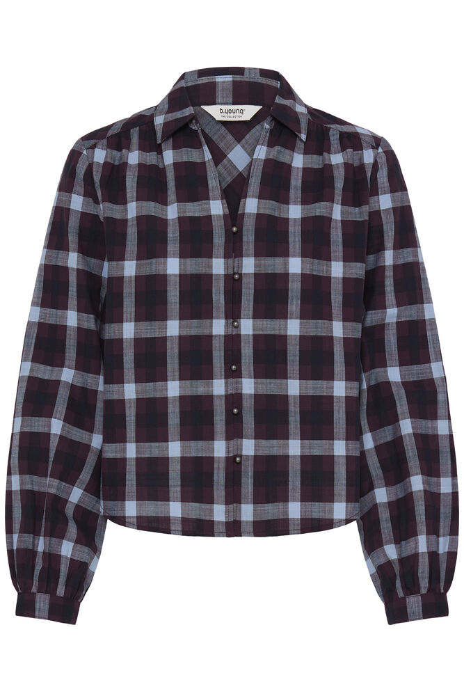 A long-sleeve button-up plaid shirt by Barve, featuring a dark plum and gray check pattern with white accent lines, shown against a plain white background.
